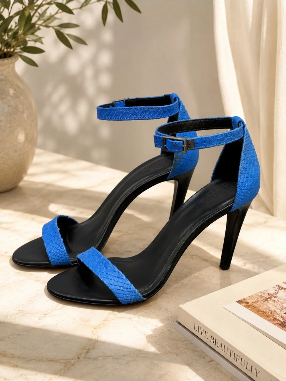 Tibi ‘Amber’ Blue Python Snake Embossed Ankle Strap Open Toe Heels Size 8